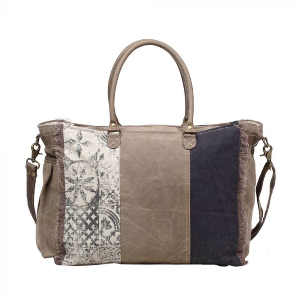 NEW Retro Print Canvas Leather Large Weekender - Picture 5 of 5